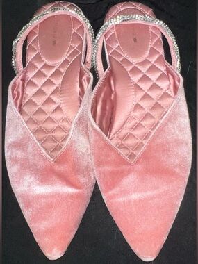 Birdies Rose Pink Rhinestone Gems Swan Flats Mules 9.5